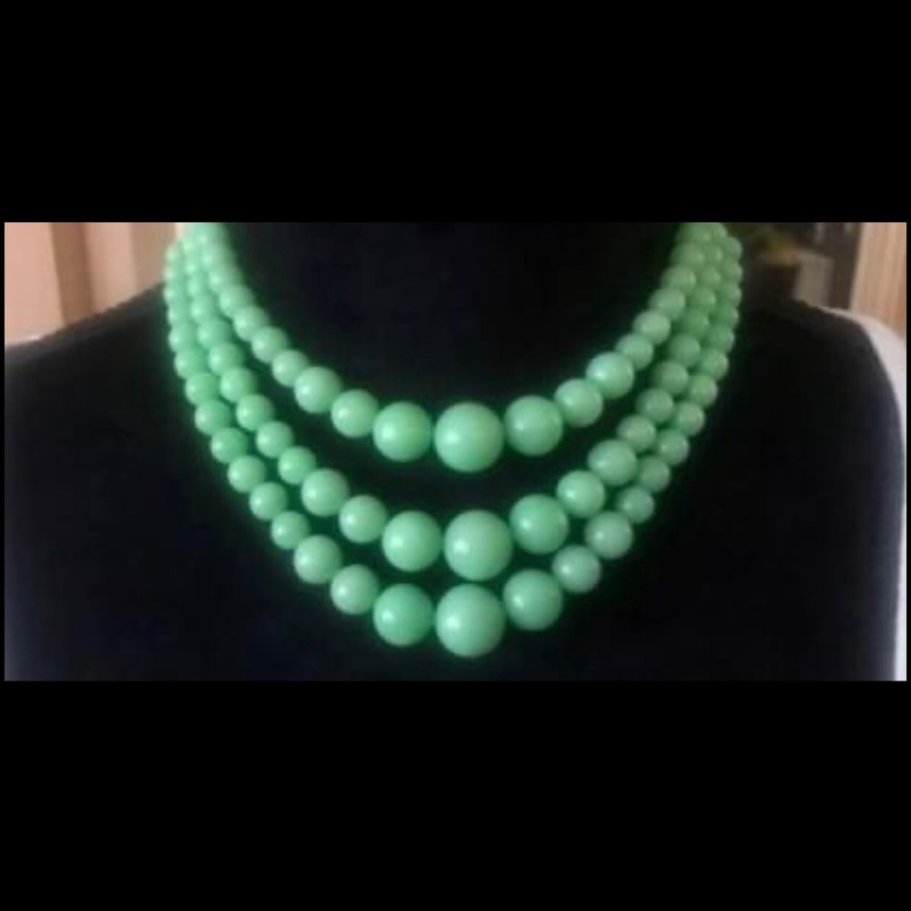 Tri-Strand Green Beaded Hongkong Signed Necklace
